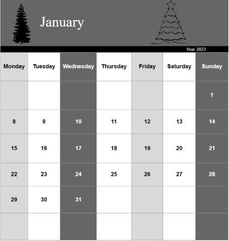 Calendrier de l'année de la forêt en noir et blanc