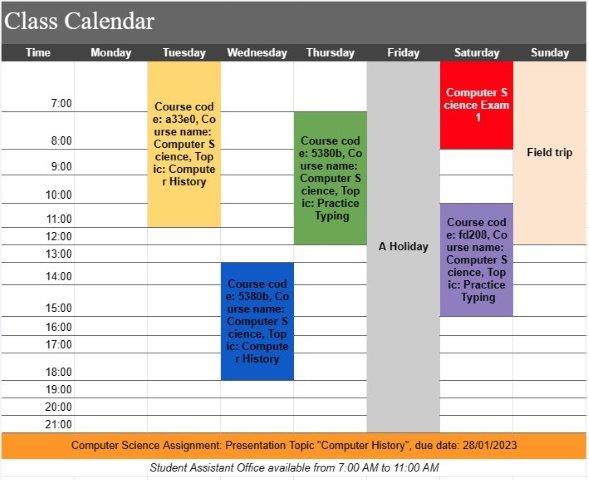 Calendrier des cours