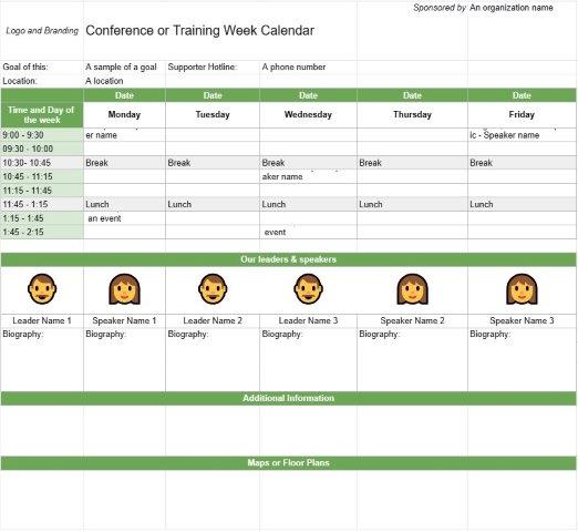 Calendrier de la conférence ou de la semaine de formation